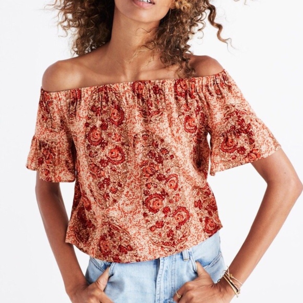 Madewell Silk Watercolor Paisley Off Shoulder Top
